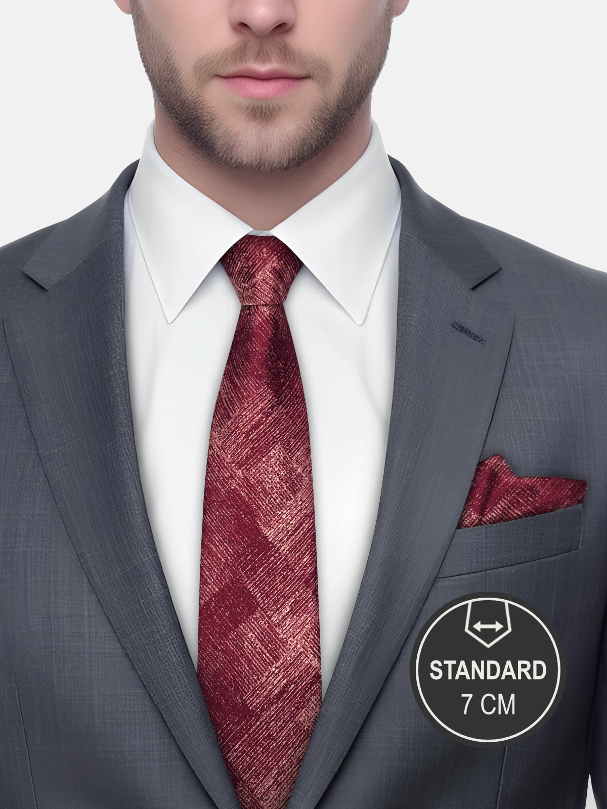 Milleniva erkek kravatı, bordo retro desenli, standart 7 cm genişlik. Klasik iş ve davet kombinleri için uygun.