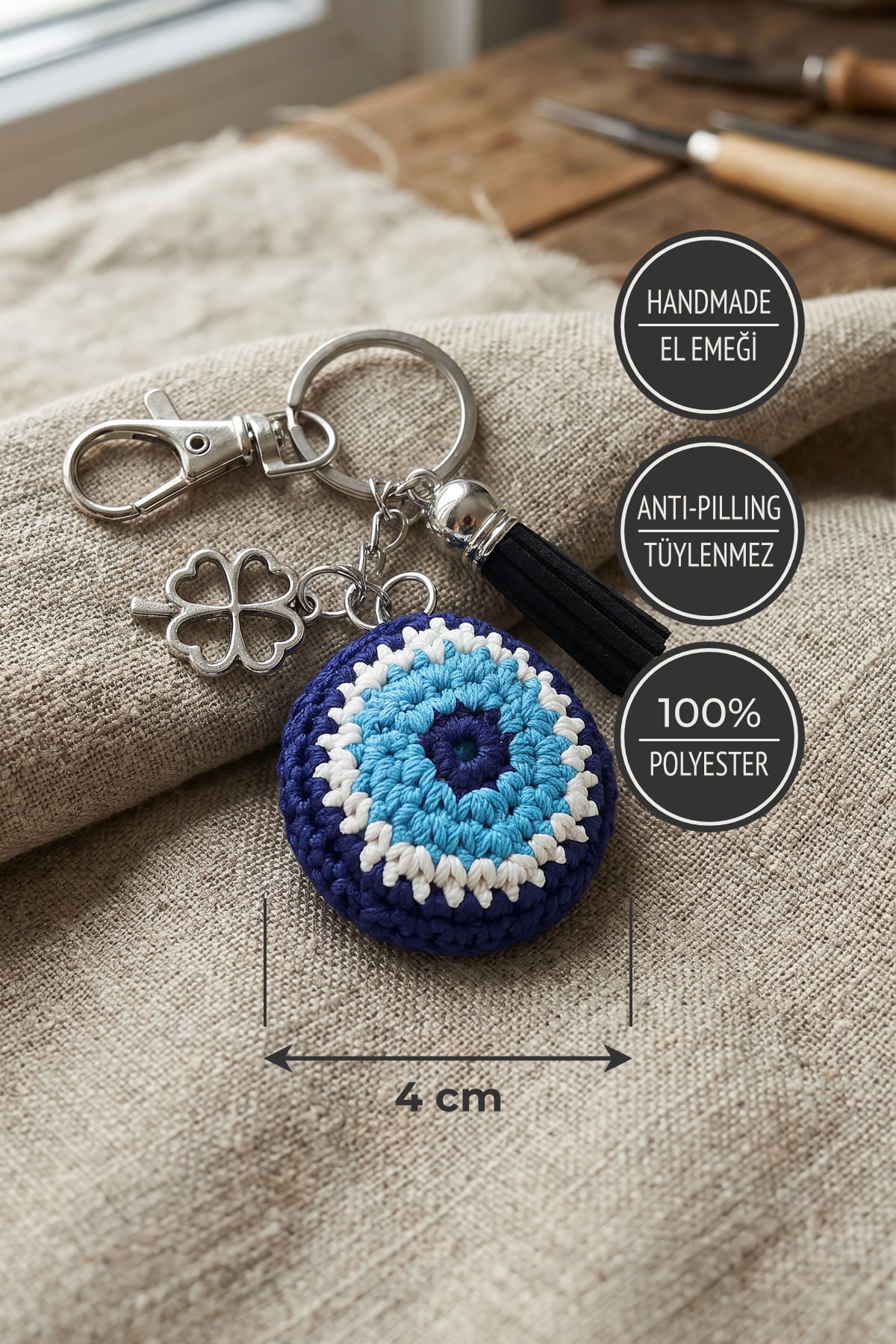 Milleniva polyester tüylenmez el örgüsü nazar boncuğu charm anahtarlık ürün özellikleri.