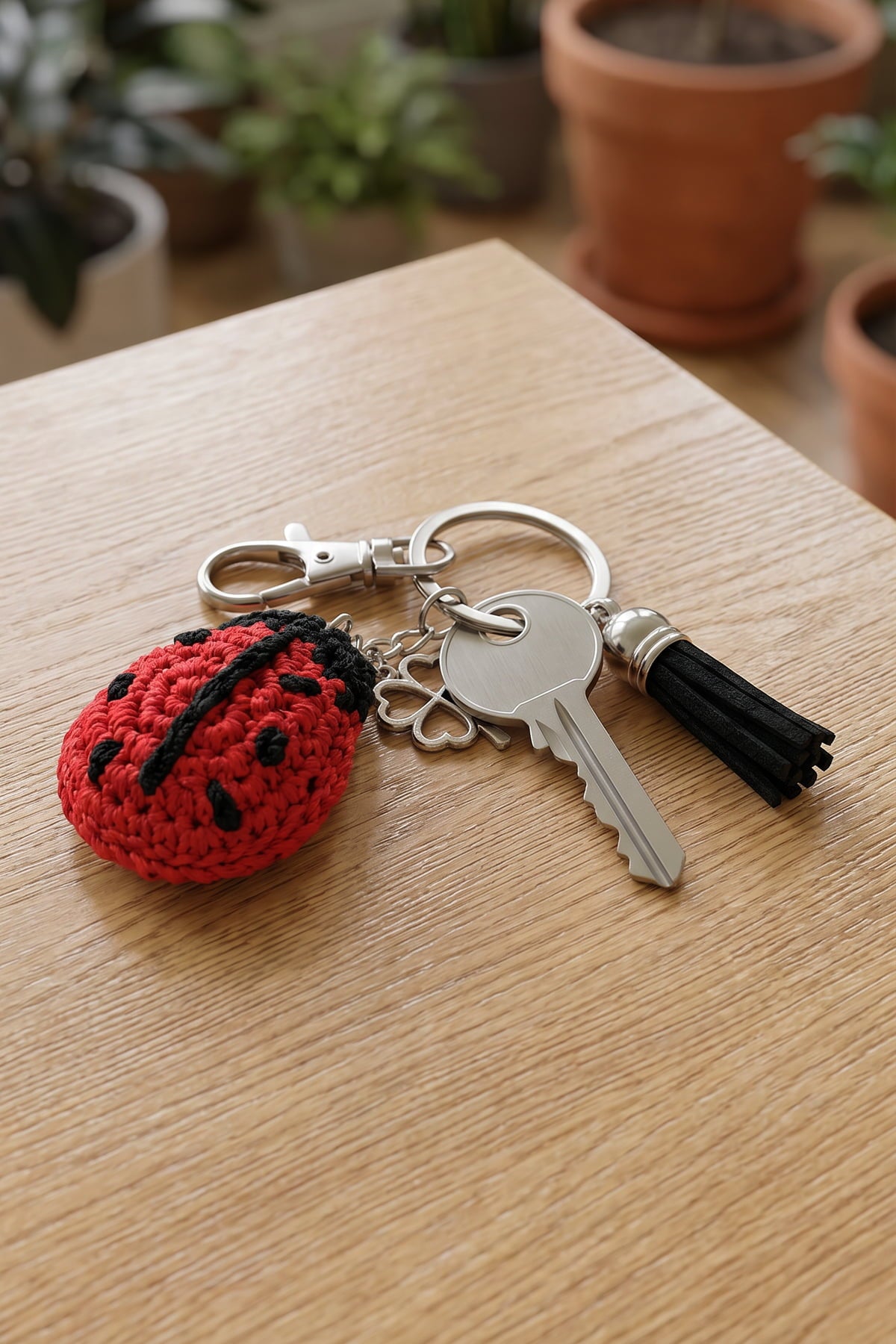 Milleniva el örgüsü amigurumi uğur böceği charm anahtarlık ve gümüş yonca detayı.