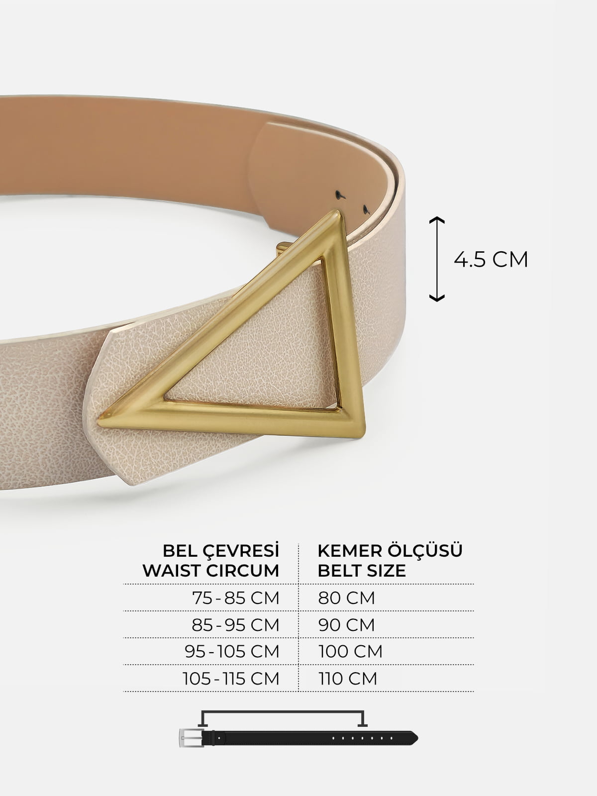 Milleniva kadın kemer ölçüleri. Ekru suni deri, altın üçgen toka, 4.5 cm genişlik.
