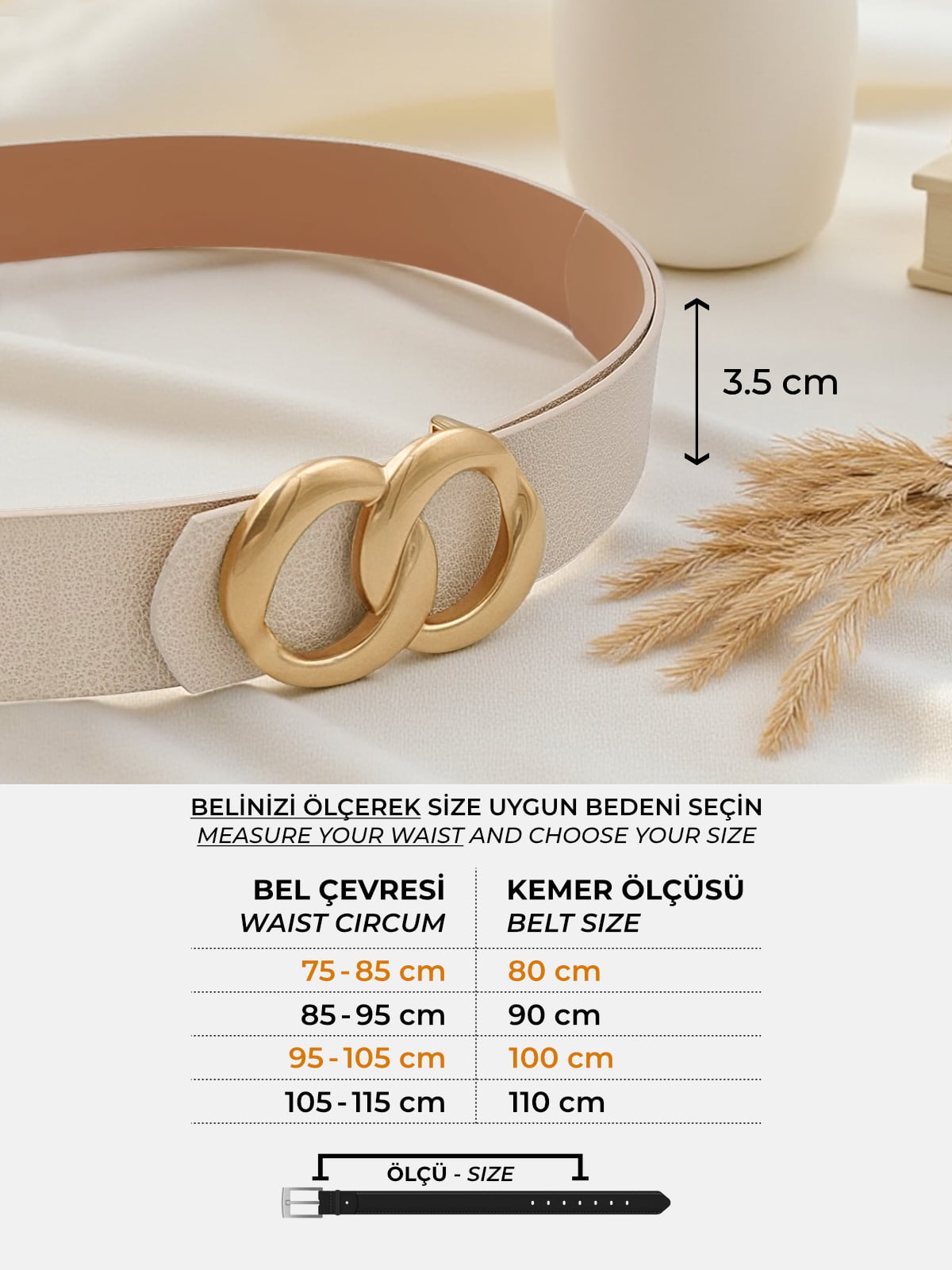 Milleniva ekru kadın kemeri. Suni deri, gold sonsuzluk tokalı.