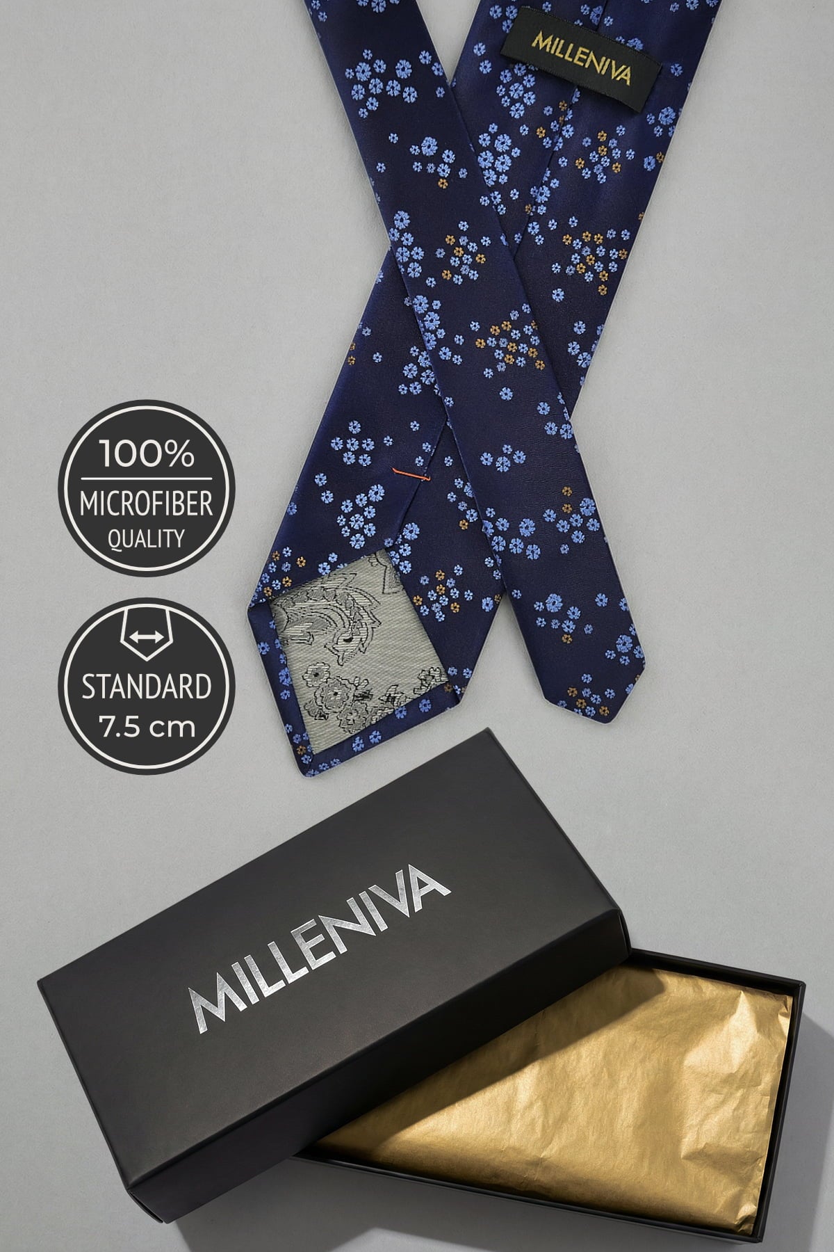 Milleniva %100 Mikrofiber Lacivert Kravat - 7.5cm Standart Genişlik ve Hediye Kutusu Sunumu