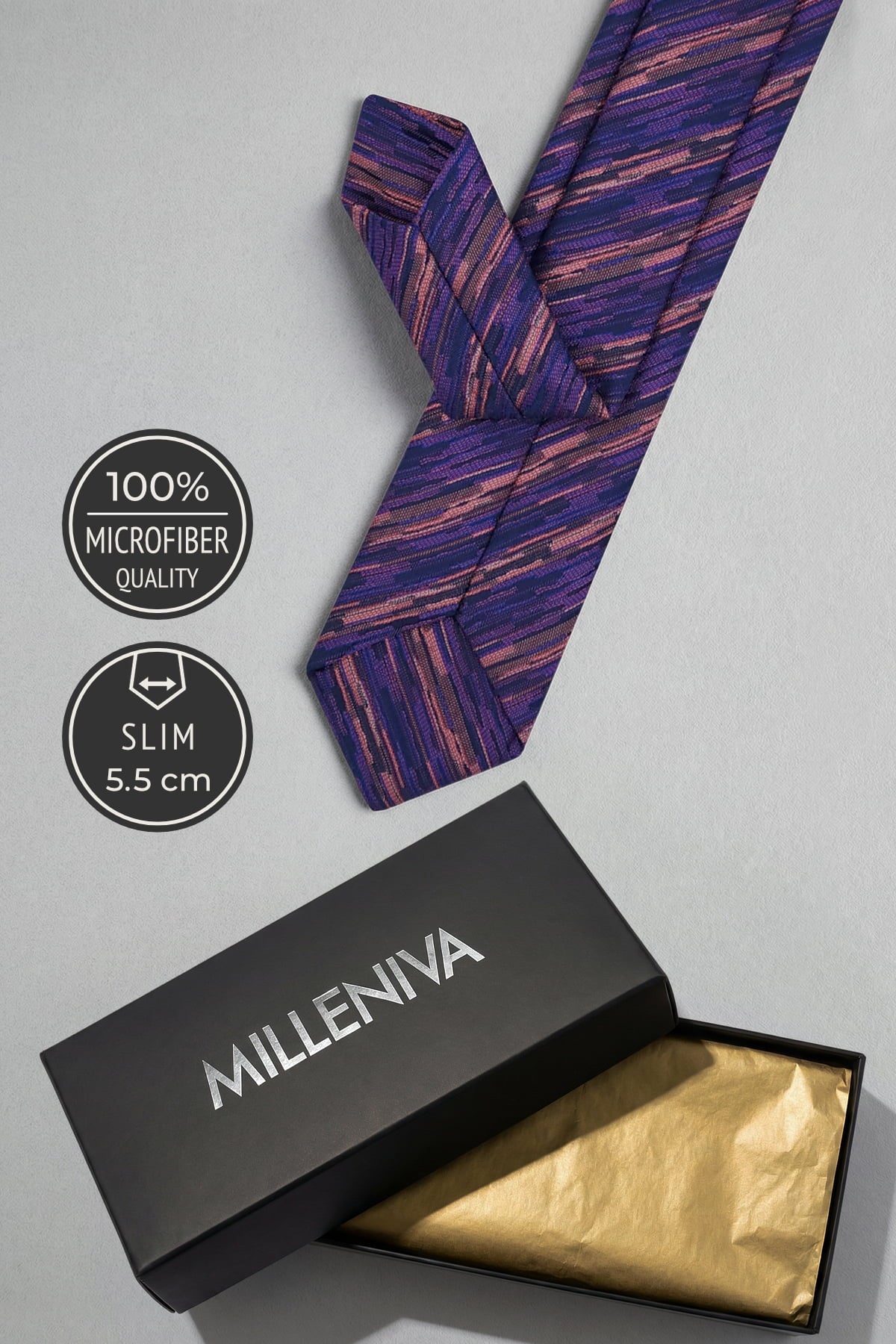 Milleniva 5.5 cm Slim Kravat - Siyah Hediye Kutusu ve %100 Mikrofiber Özelliği