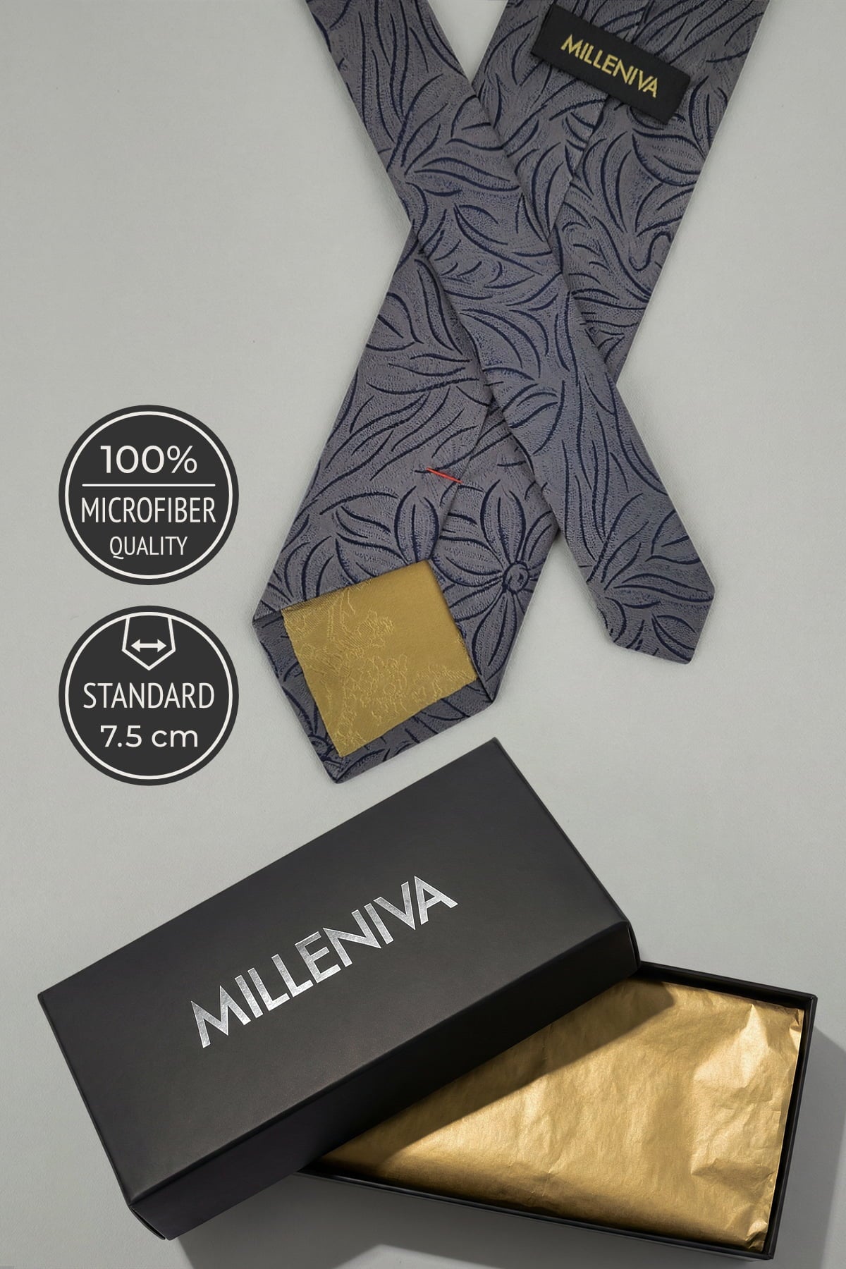 Milleniva 7.5 cm Gri Mikrofiber Kravat - Siyah Logolu Hediye Kutusu