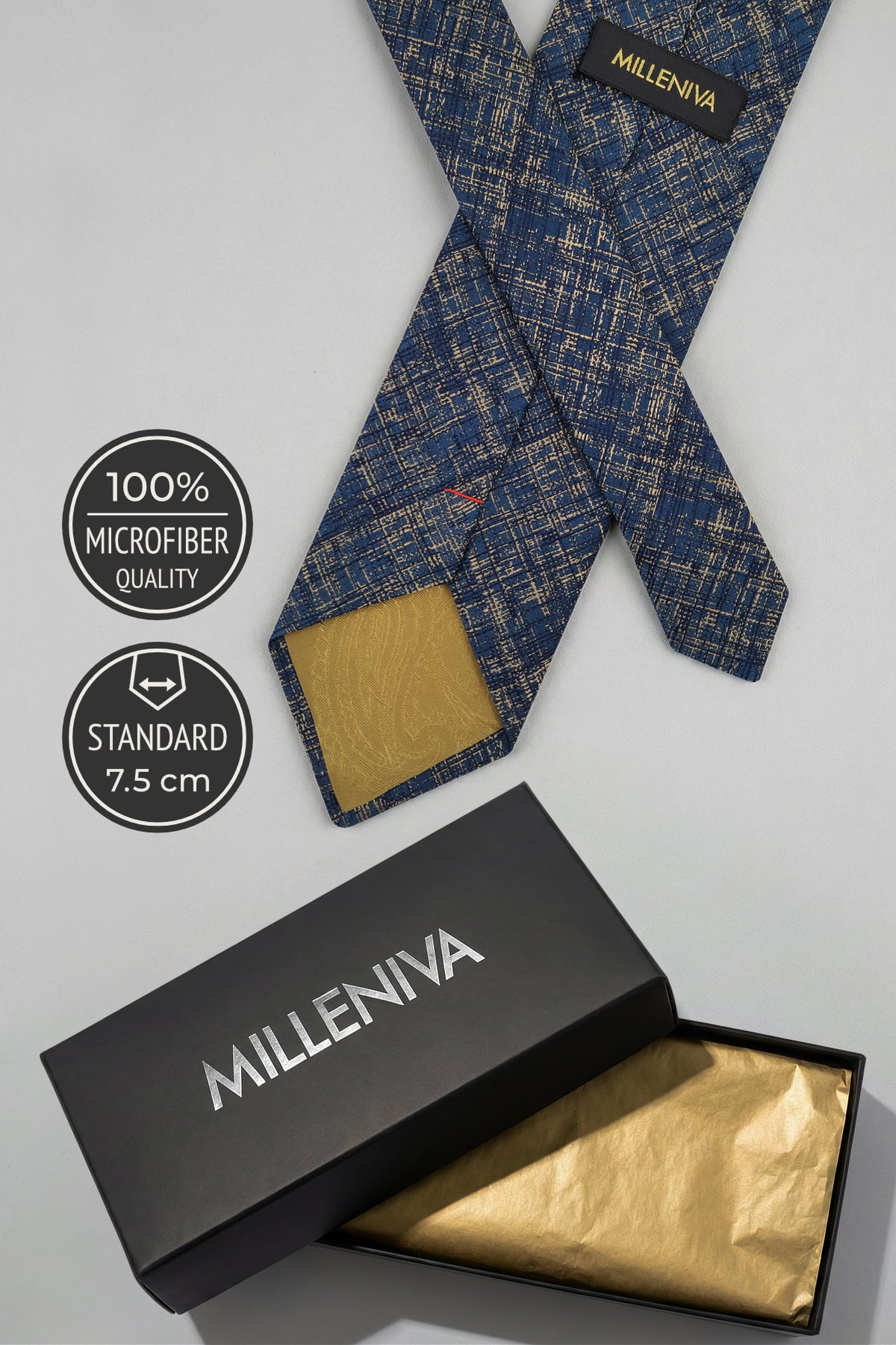 Milleniva 7.5cm Lacivert Mikrofiber Kravat - Markalı Hediye Kutusu ve Arka Etiket.