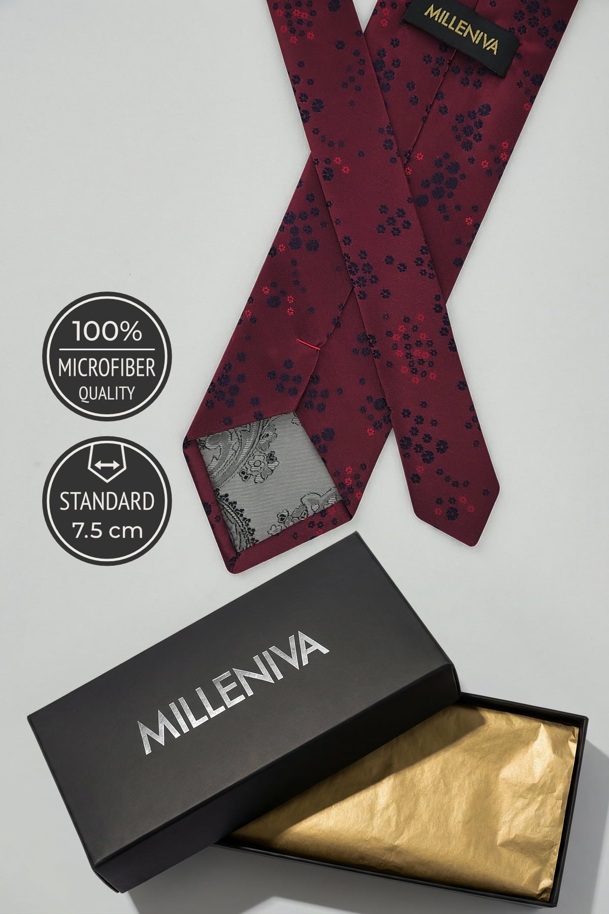 Milleniva 7.5cm Standart Mikrofiber Bordo Kravat - Markalı Siyah Hediye Kutusu