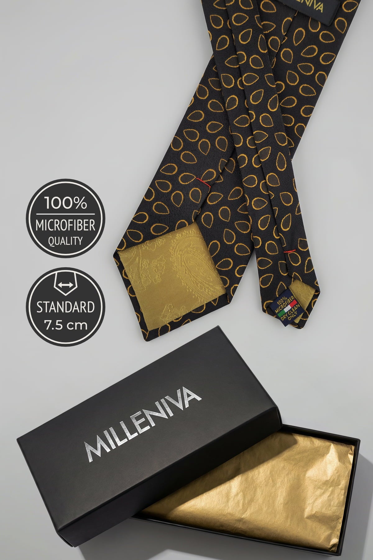Milleniva 7.5 cm siyah mikrofiber kravat, şık hediye kutulu premium sunumu.