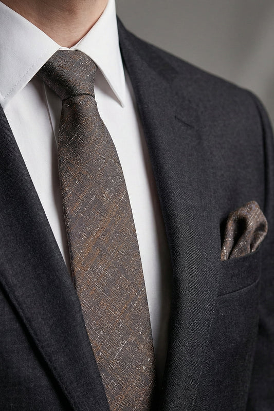 Milleniva Antrasit Kahve Eskitme Desenli Kravat Mendil Seti - Gri Takım Elbise Kombini