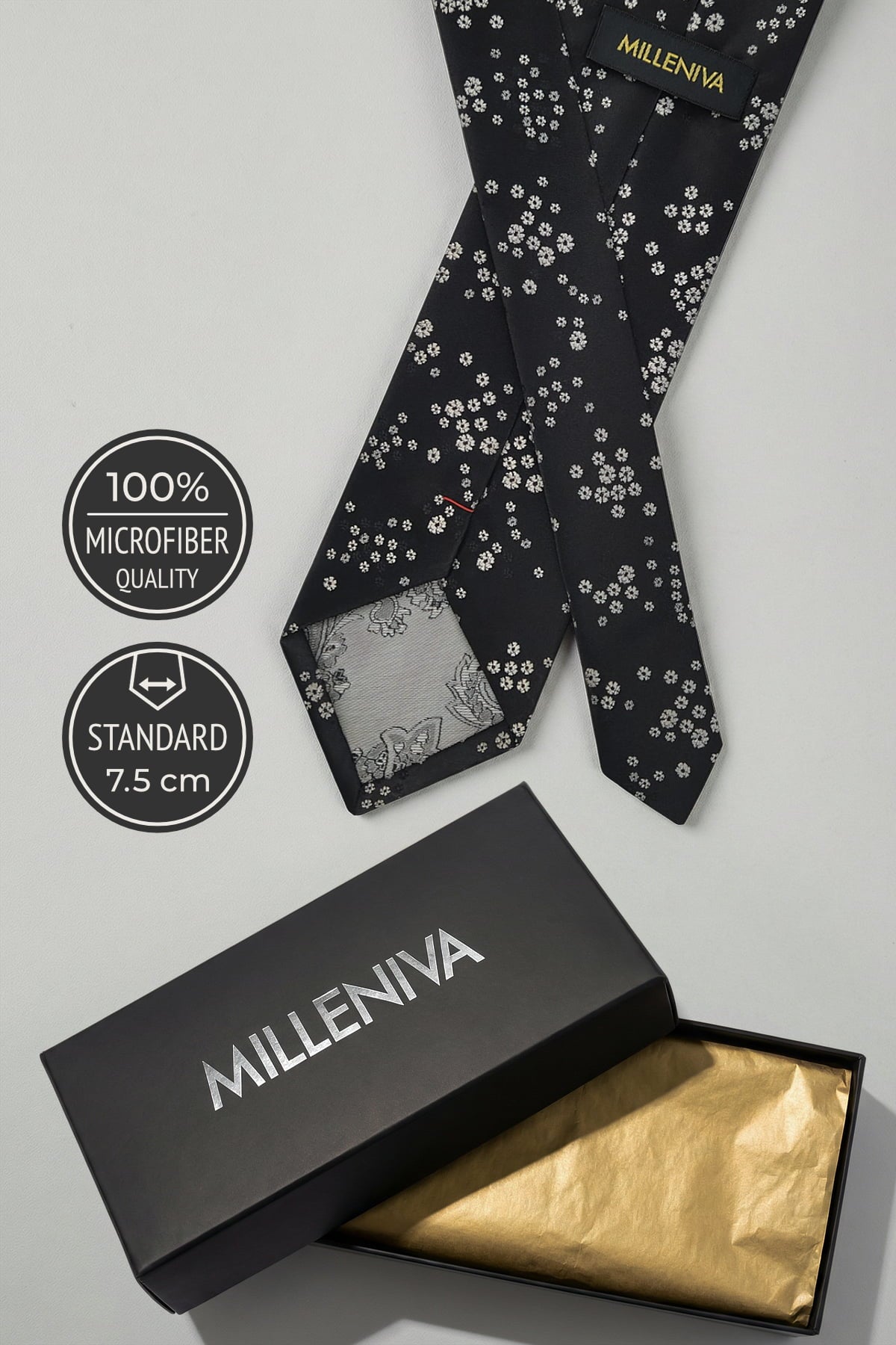 Milleniva Siyah Çiçekli %100 Mikrofiber Kravat - 7.5 cm Genişlik ve Özel Hediye Kutusu İçeriği