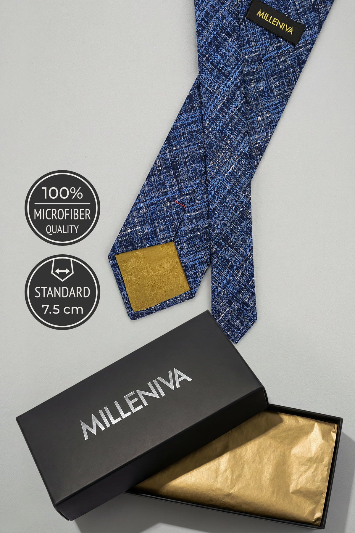 Milleniva 7.5cm Lacivert Dokulu Mikrofiber Kravat - Özel Hediyelik Kutu 
