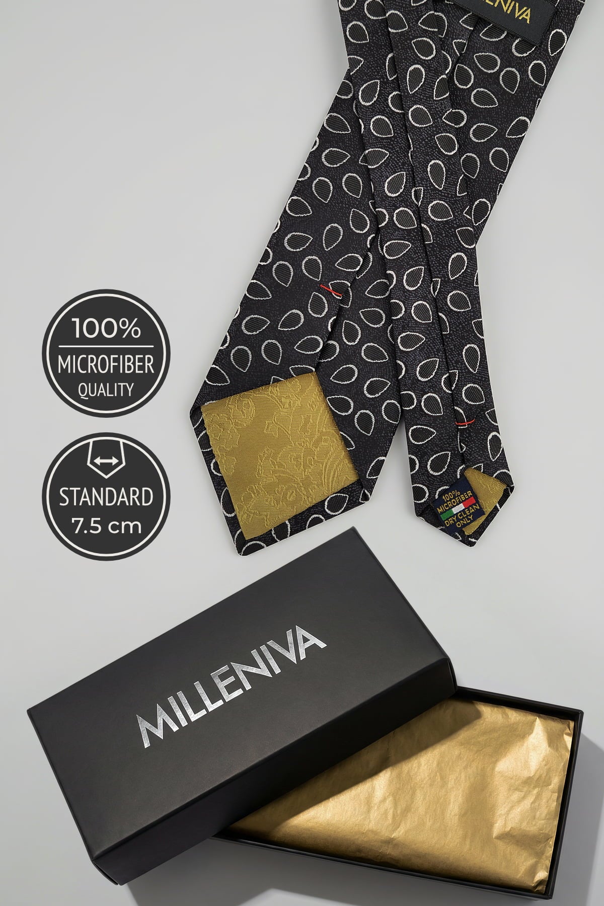 Milleniva 7.5 cm siyah mikrofiber kravat, şık hediye kutulu premium sunumu.