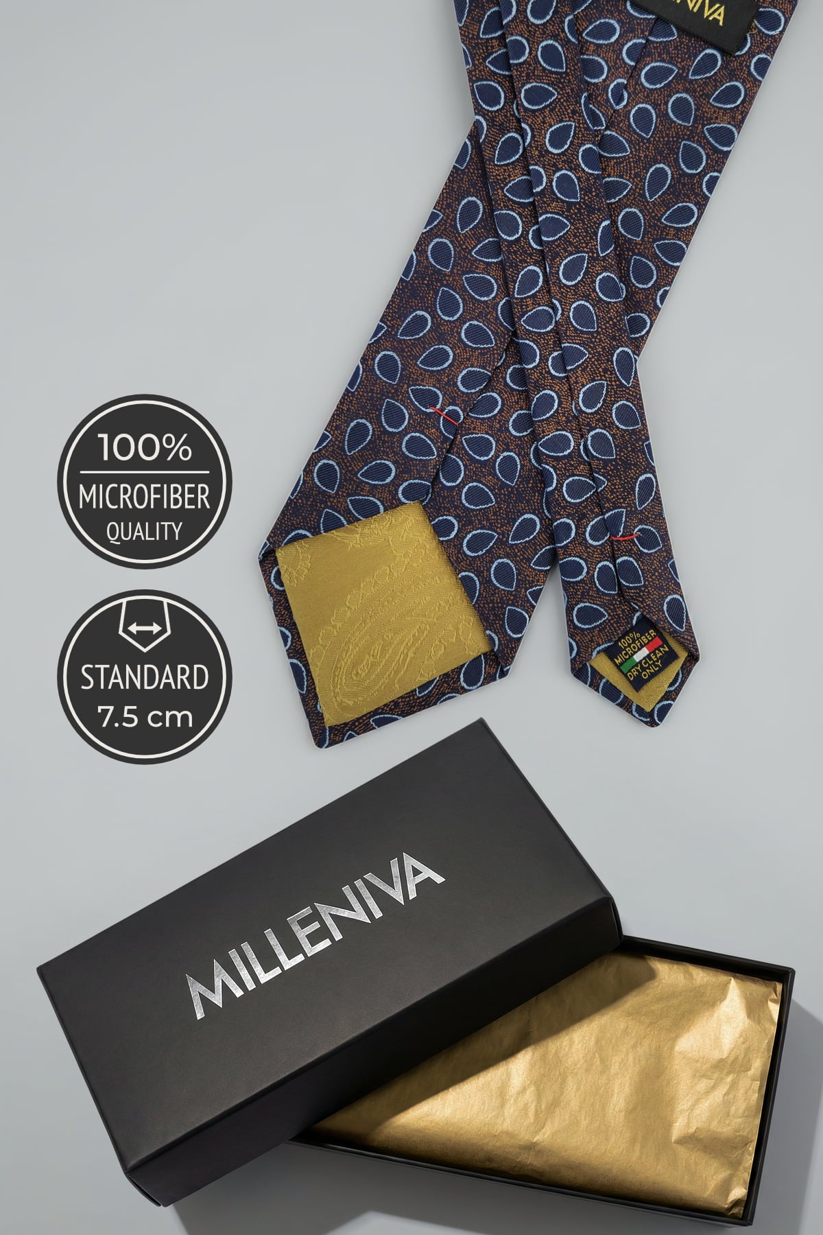 Milleniva standart mikrofiber kravat; özel premium hediye kutusu ile sunumu.