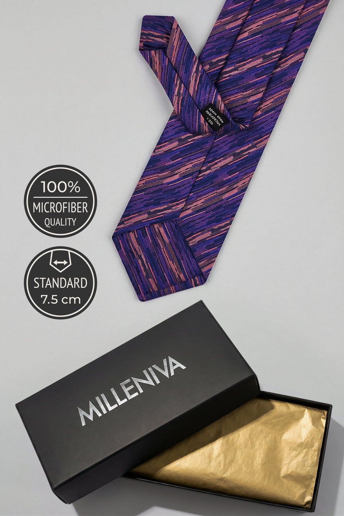 Milleniva 7.5 cm Standart Genişlik %100 Mikrofiber Kravat - Siyah Hediye Kutusu