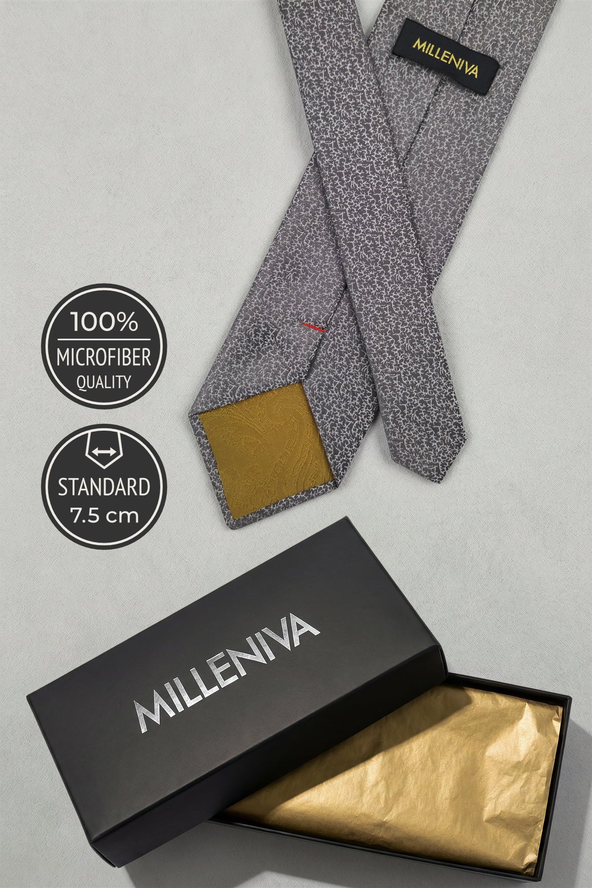 Milleniva 7.5 cm Genişlik Gri Mikrofiber Kravat - Marka Etiketi ve Siyah Hediye Kutusu