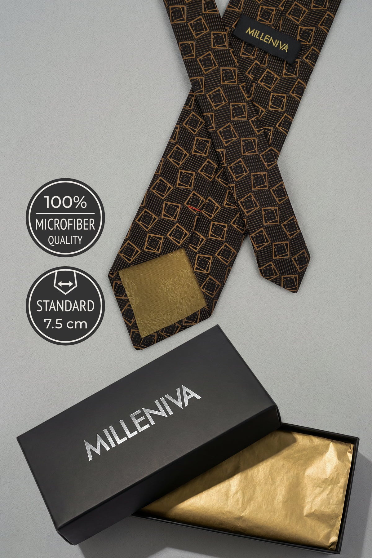 Milleniva 7.5 cm Genişlik Kahverengi Mikrofiber Kravat - Hediyelik Kutu