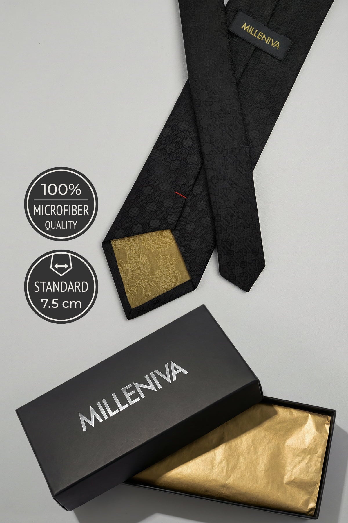 Milleniva Siyah 7.5cm Mikrofiber Kravat - Özel Logolu Hediyelik Kutu ve Ambalaj