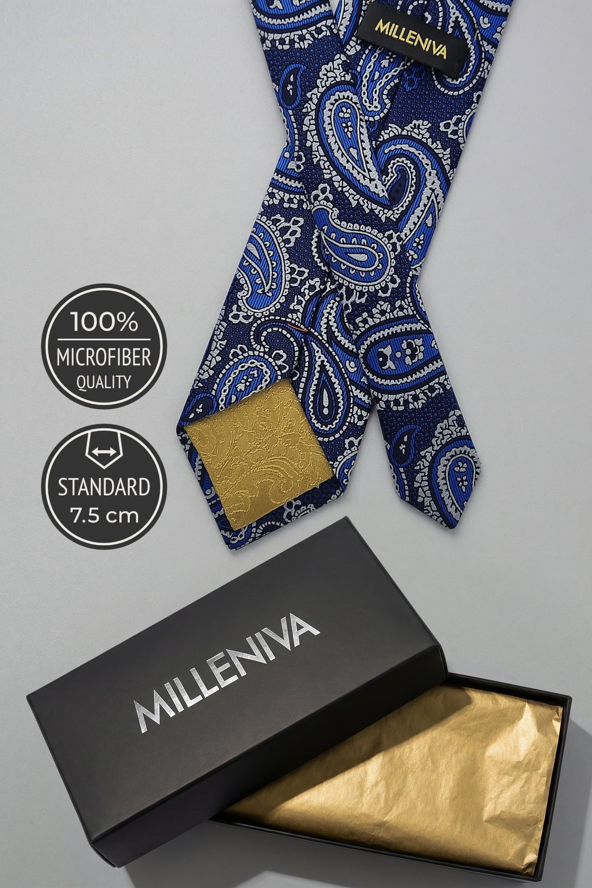 Milleniva 7.5cm Mikrofiber Şal Desenli Kravat - Siyah Hediye Kutusu ve Altın Astar
