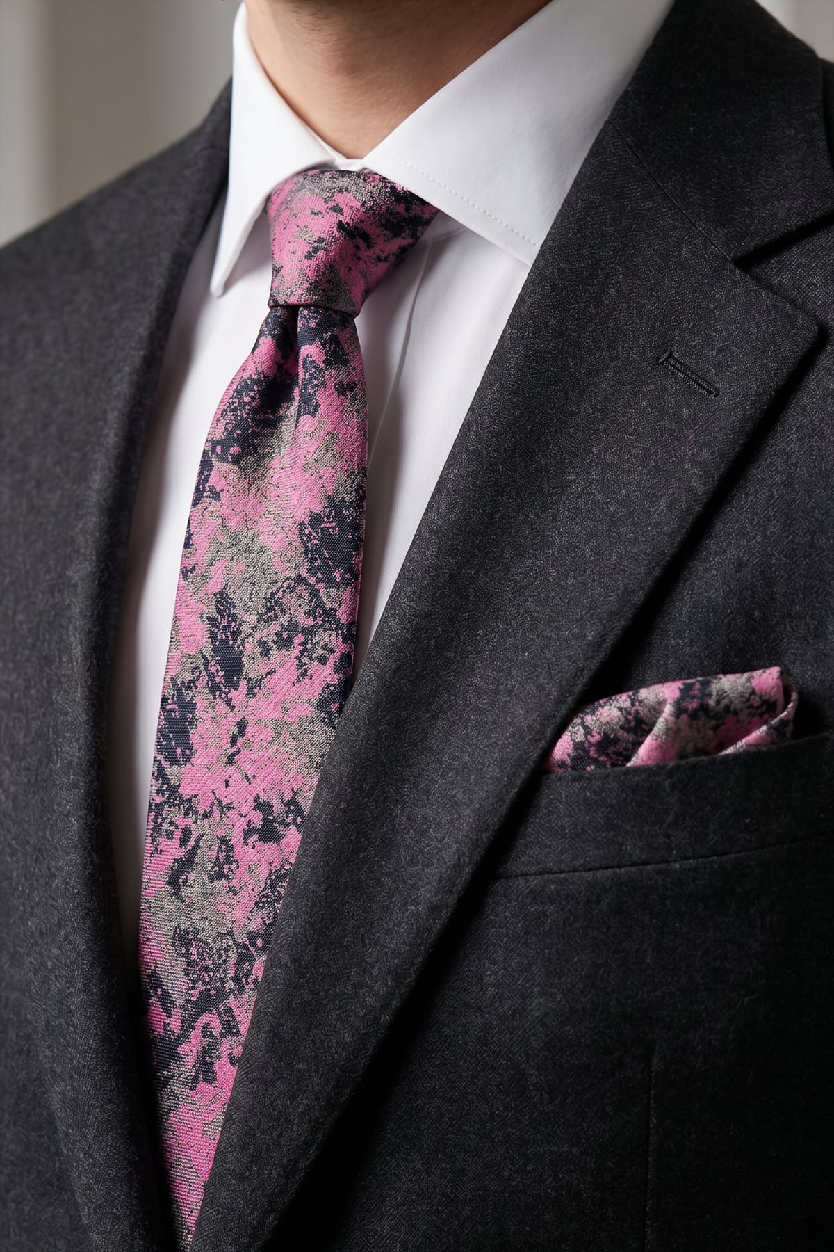 Koyu gri takım elbise ve beyaz gömlek üzerinde pembe gri batik kravat