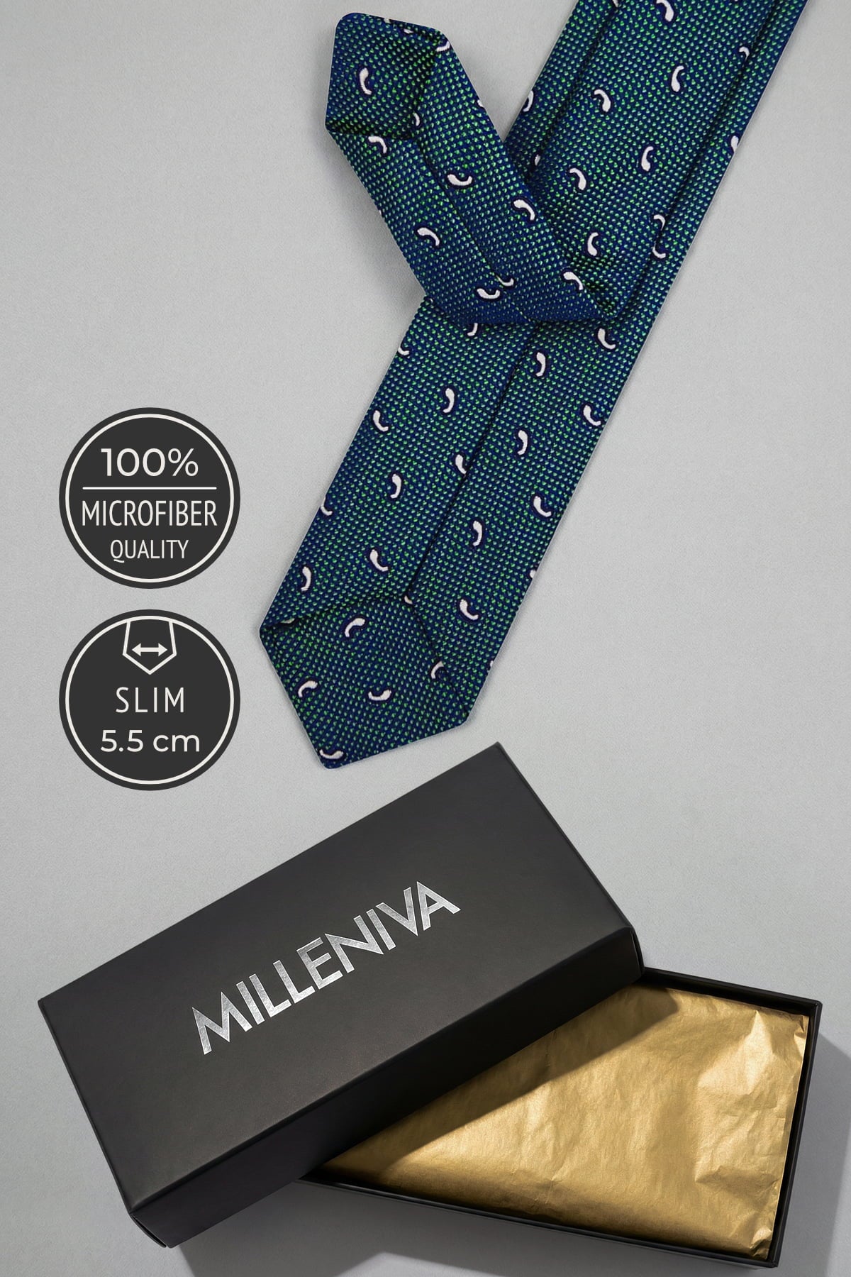 Milleniva 5.5 cm Slim Yeşil Kravat - Özel Hediye Kutusu ve Mikrofiber Kalitesi