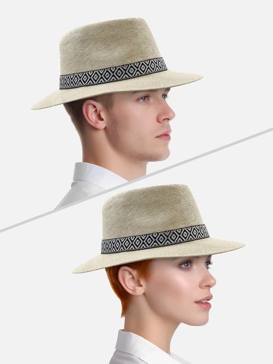 Unisex ekru Panama şapka. Ayarlanabilir ipli, geometrik desen bantlı, yazlık fötr şapka.