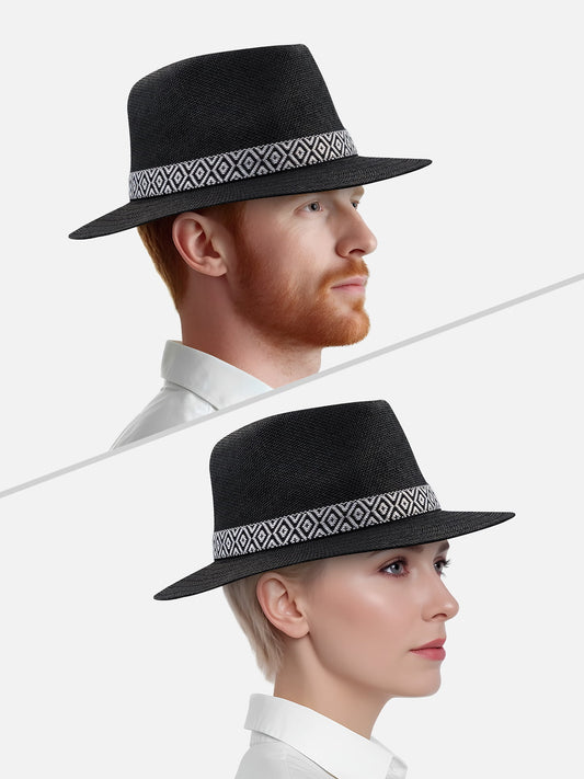 Unisex siyah Panama şapka. Yazlık plaj ve günlük kullanım için ayarlanabilir ipli fötr şapka.