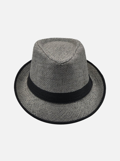 Hasır fötr şapka, gri renk, siyah bantlı. Yazlık unisex trilby şapka trendi, Milleniva.