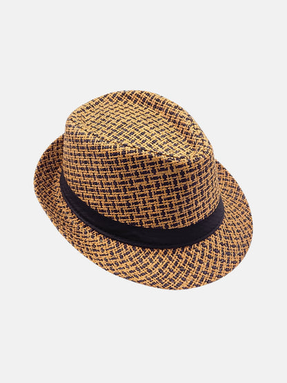 Milleniva desenli hasır fötr şapka. Siyah bantlı unisex yazlık trilby stil, moda ve günlük.