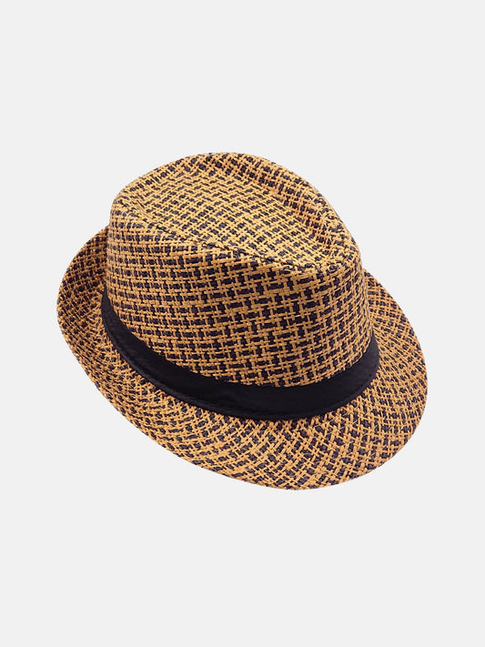 Milleniva desenli hasır fötr şapka. Siyah bantlı unisex yazlık trilby stil, moda ve günlük.