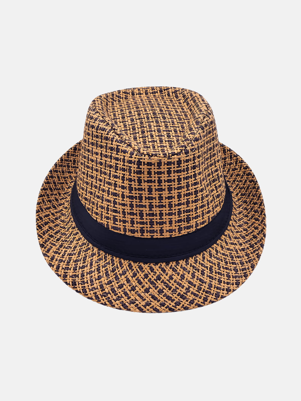 Hasır fötr şapka, desenli doku, siyah bantlı. Yazlık unisex trilby şapka trendi, Milleniva.