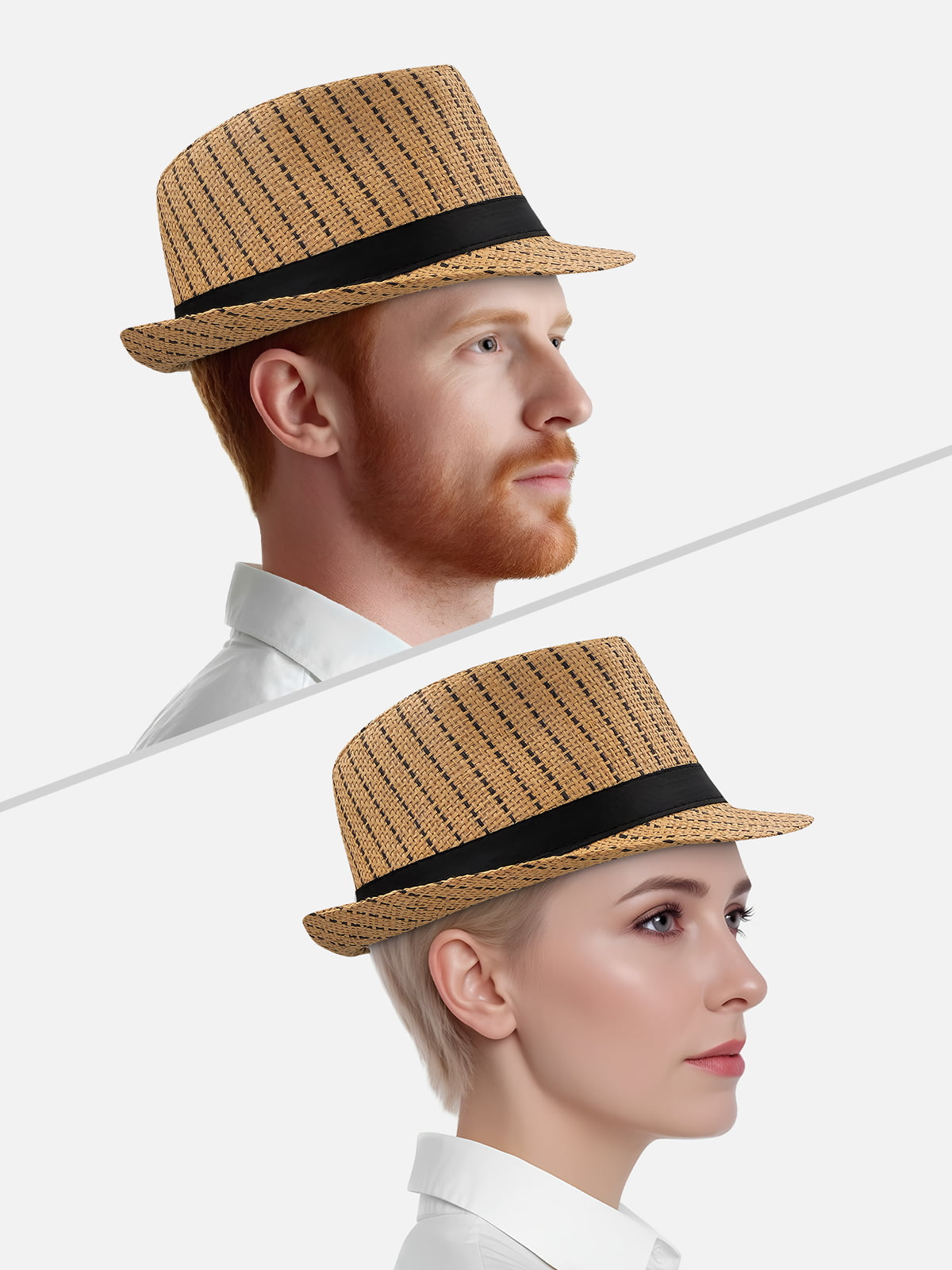 Milleniva unisex çizgili trilby şapka. Hem kadın hem erkek için şık yazlık hasır fötr şapka. Günlük moda.