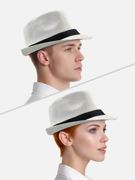 Milleniva yazlık fötr şapka, unisex beyaz trilby. Erkek/kadın günlük kumaş şapka, aksesuar.