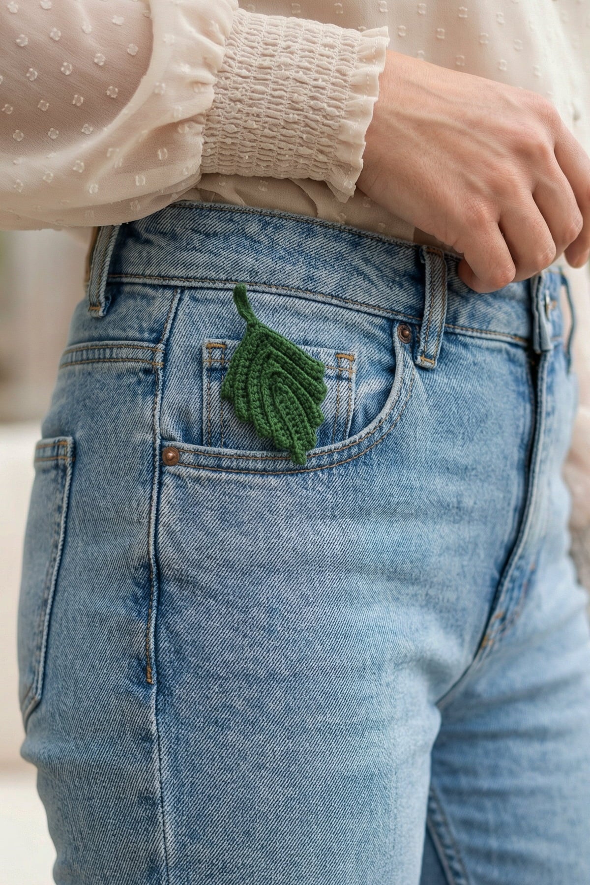 Milleniva el örgüsü broş modelleri ile yüksek bel trend kadın kot pantolon cebinde yaratıcı aksesuar kombinleri.
