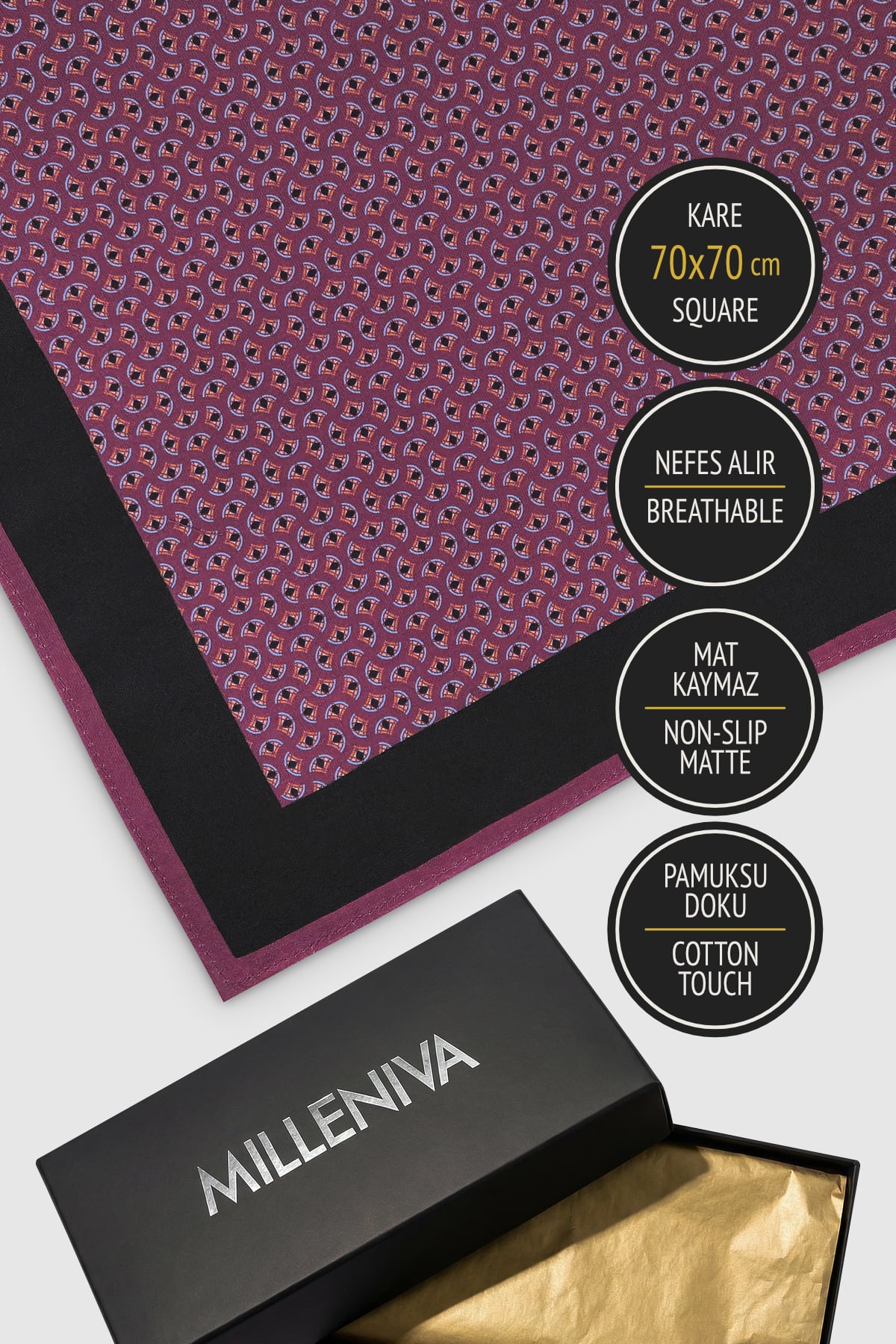 Retro Mikro Desenli Mor 70x70 Soft Touch Mat Kare Fular
