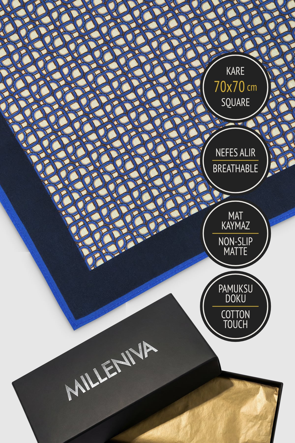 Zincir Desenli Mavi Beyaz 70x70 Soft Touch Mat Kare Fular