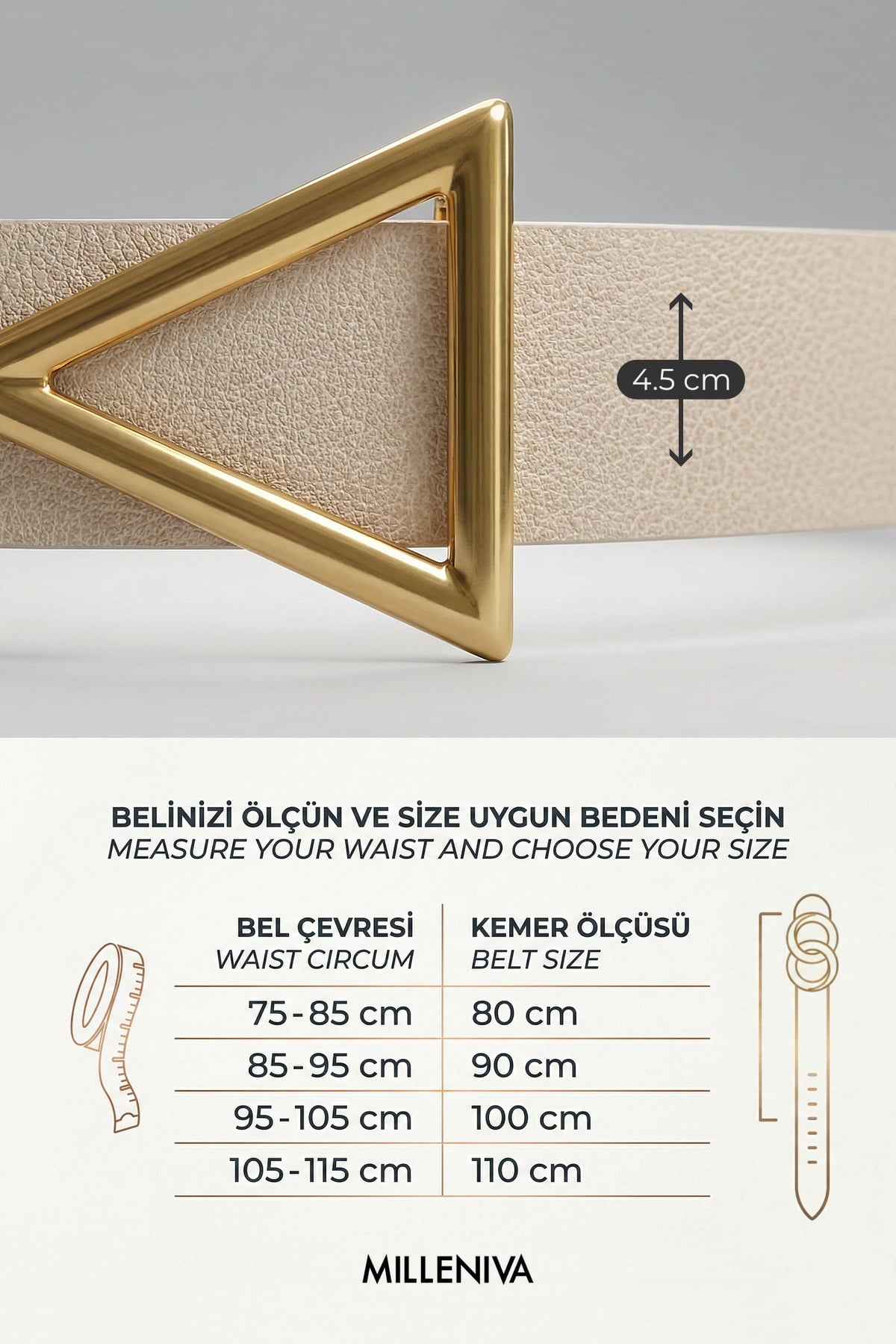 Milleniva kadın kemer ölçüleri. Ekru suni deri, altın üçgen toka, 4.5 cm genişlik.