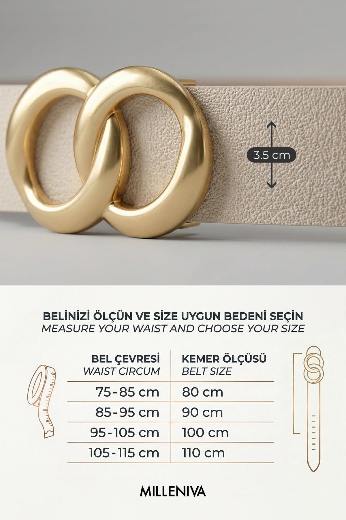Milleniva ekru kadın kemeri. Suni deri, gold sonsuzluk tokalı.