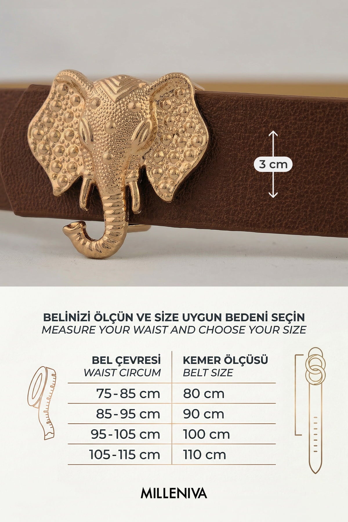Milleniva kadın kemer beden tablosu ve taba rengi kemer üzerine fil tokalı aksesuarın yakın çekim detayı.