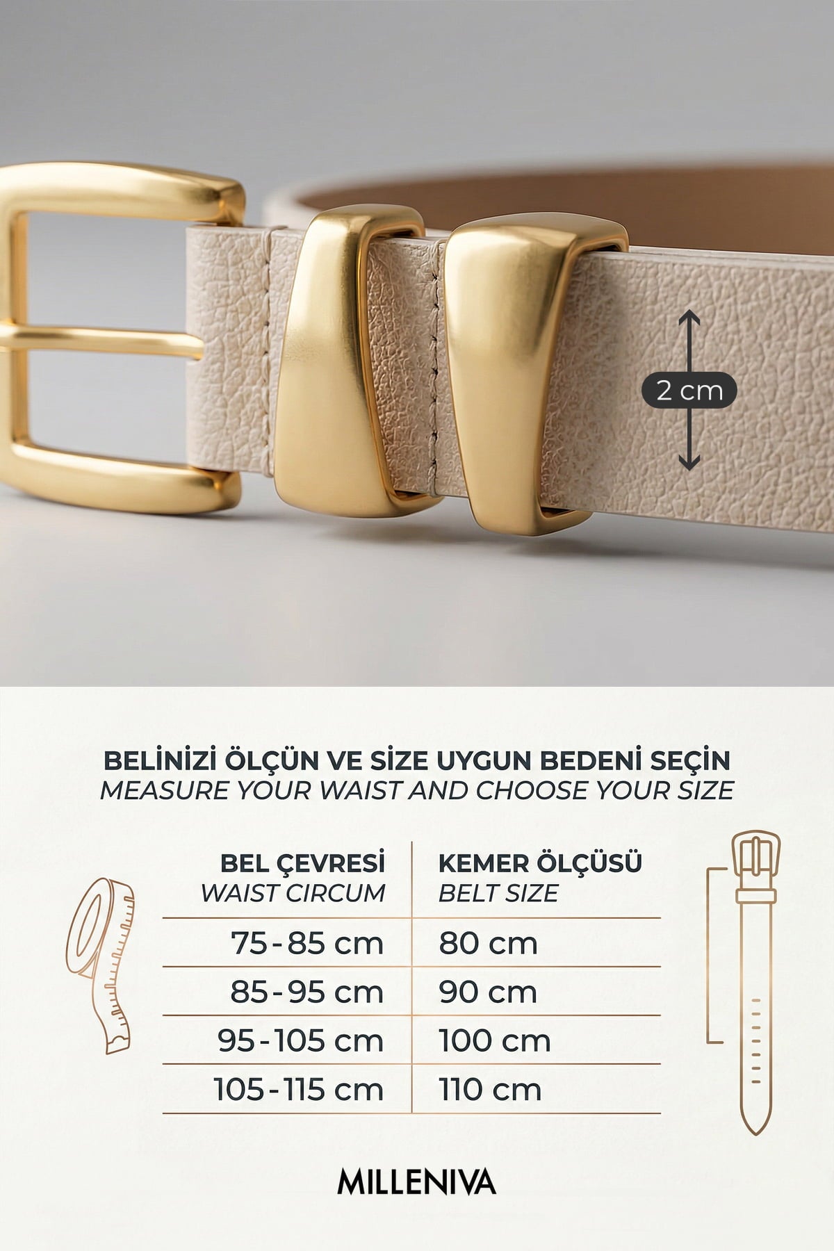 Milleniva altın tokalı ekru suni deri kadın kemeri, asimetrik köprülü ve zarif günlük stil.