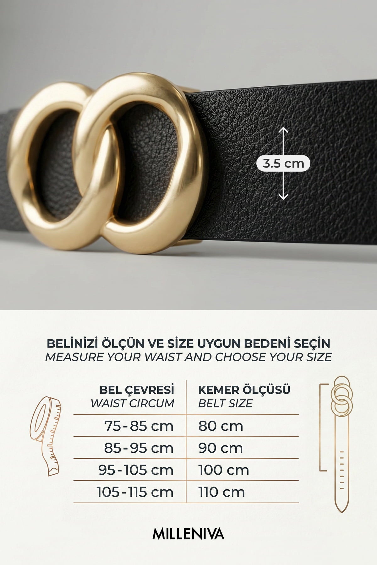 Milleniva kadın kemeri. Siyah suni deri, altın sonsuzluk tokalı. En iyi uyum.