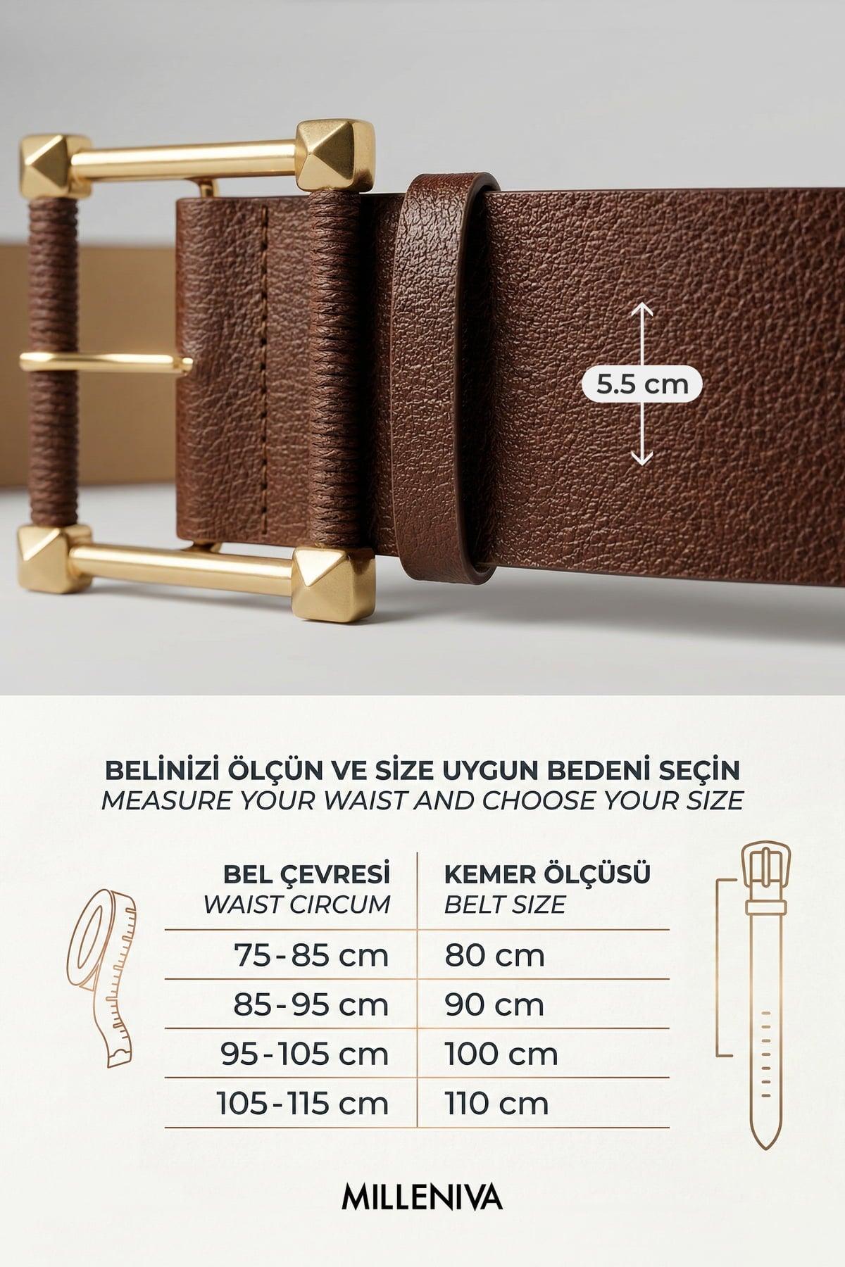 Milleniva kahverengi kadın kemeri ölçüleri, suni deri, altın kare toka ve ip detayı ile.