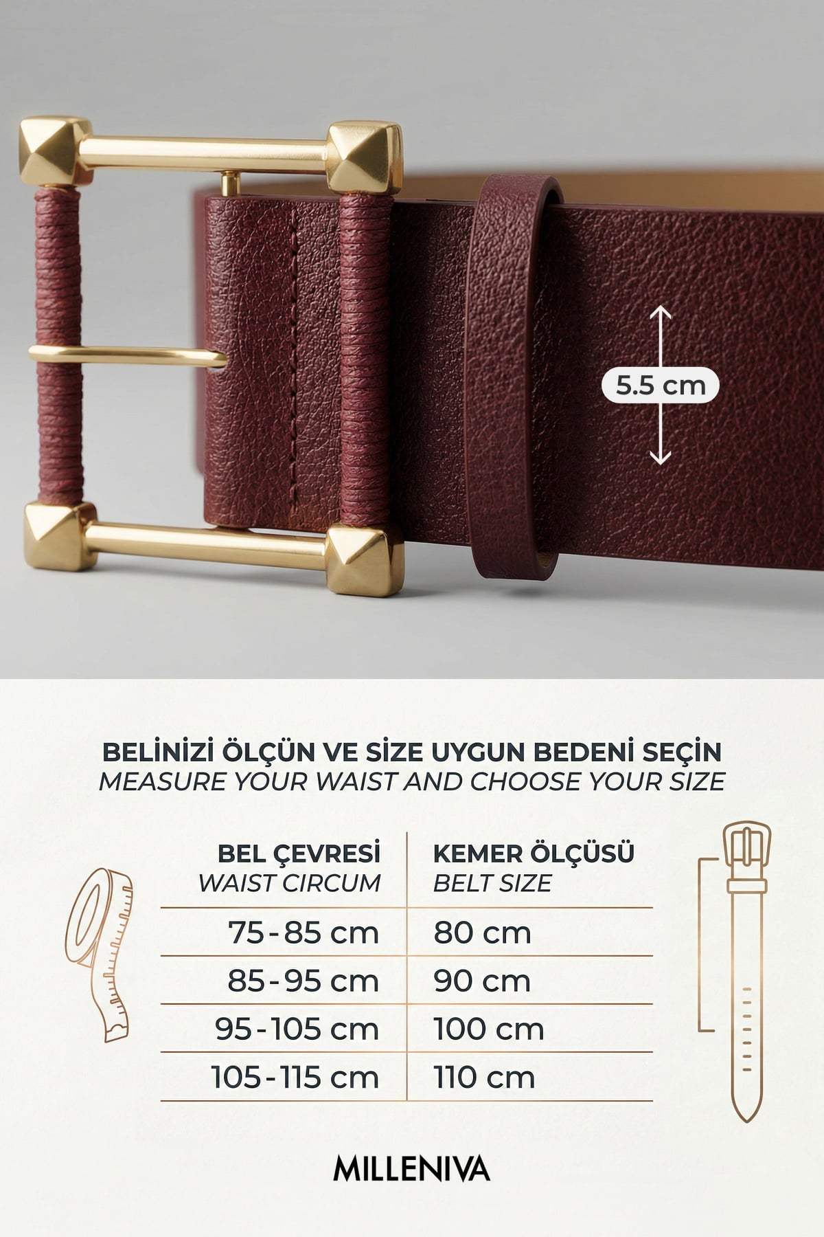 Milleniva bordo kadın kemeri beden tablosu. Kalın suni deri altın tokalı kemer ölçüleri.