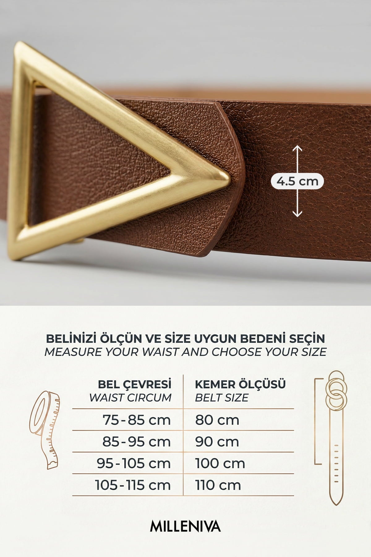 Milleniva altın üçgen tokalı kahverengi kadın kemeri ölçüleri. Kaliteli suni deri, günlük kullanım için ideal.
