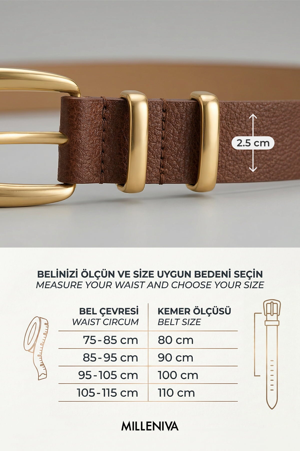 Milleniva kahverengi kadın kemeri, altın tokalı. Suni deri şık aksesuar.