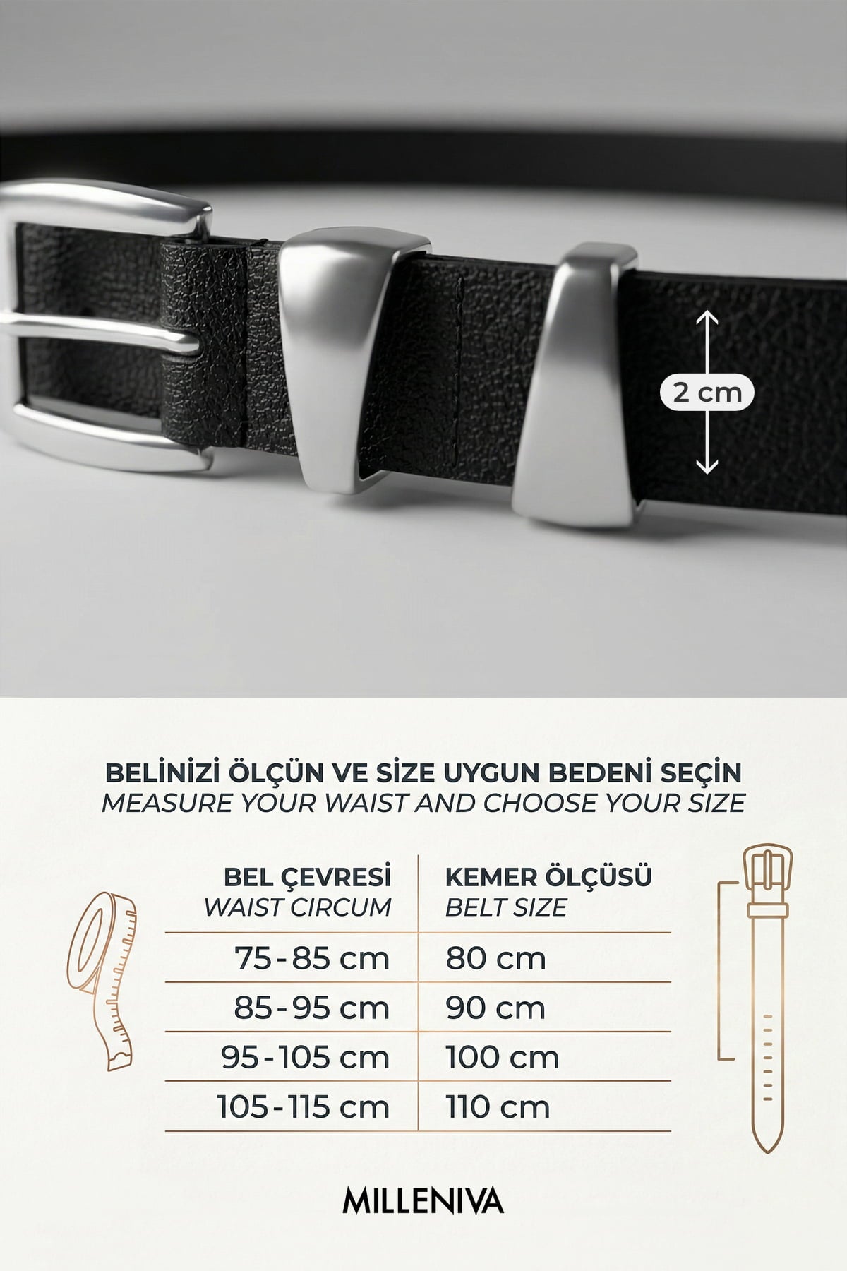 Milleniva siyah kadın kemeri beden tablosu, metal tokalı, suni deri, asimetrik köprülü modern ve kullanışlı.