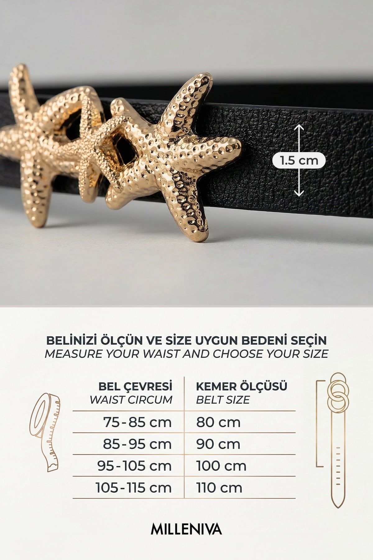 Milleniva altın deniz yıldızı kemer ve beden ölçü tablosu.