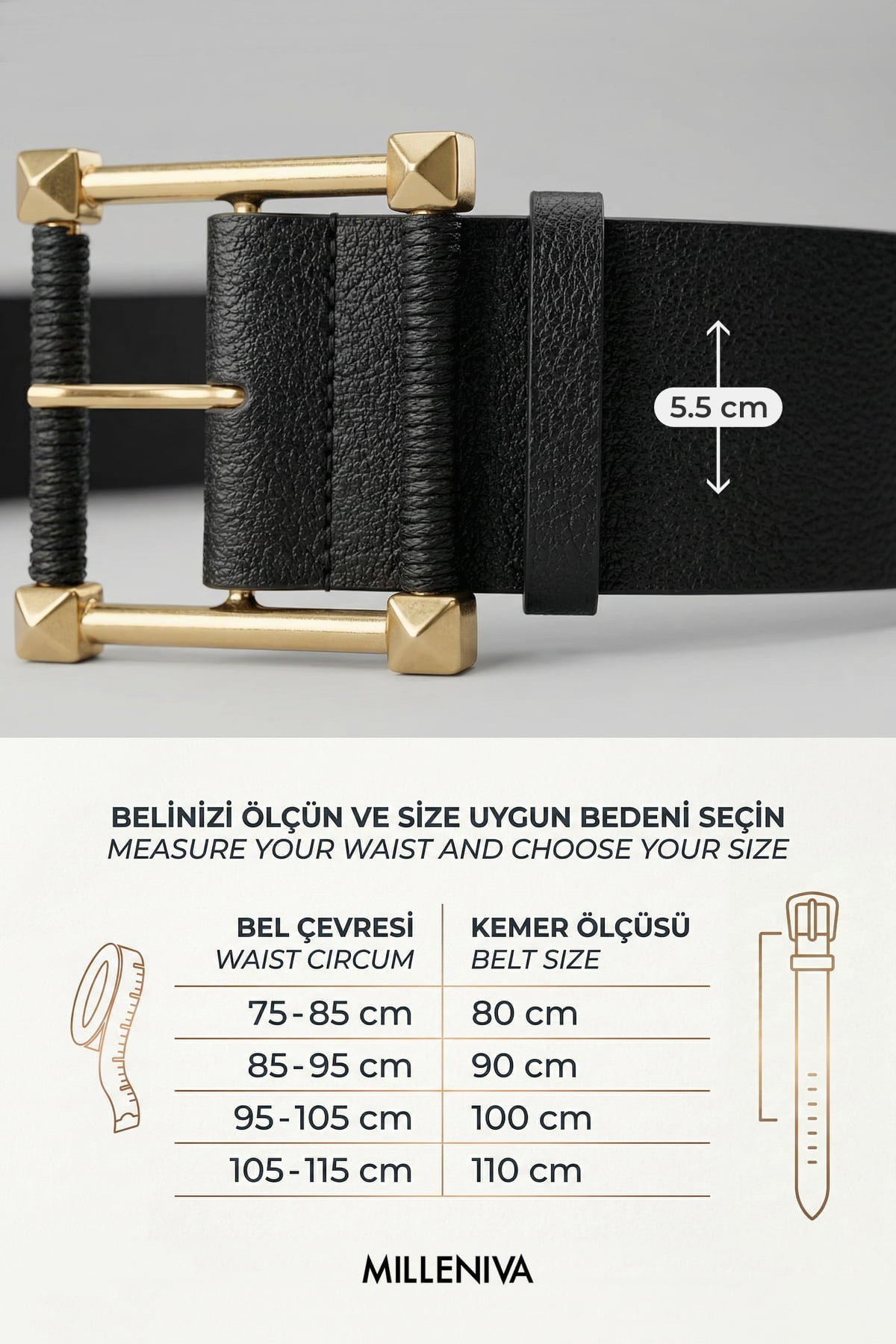 Milleniva kadın kemeri beden tablosu, siyah suni deri, altın kare tokalı, ip detaylı ve kalın kemer.