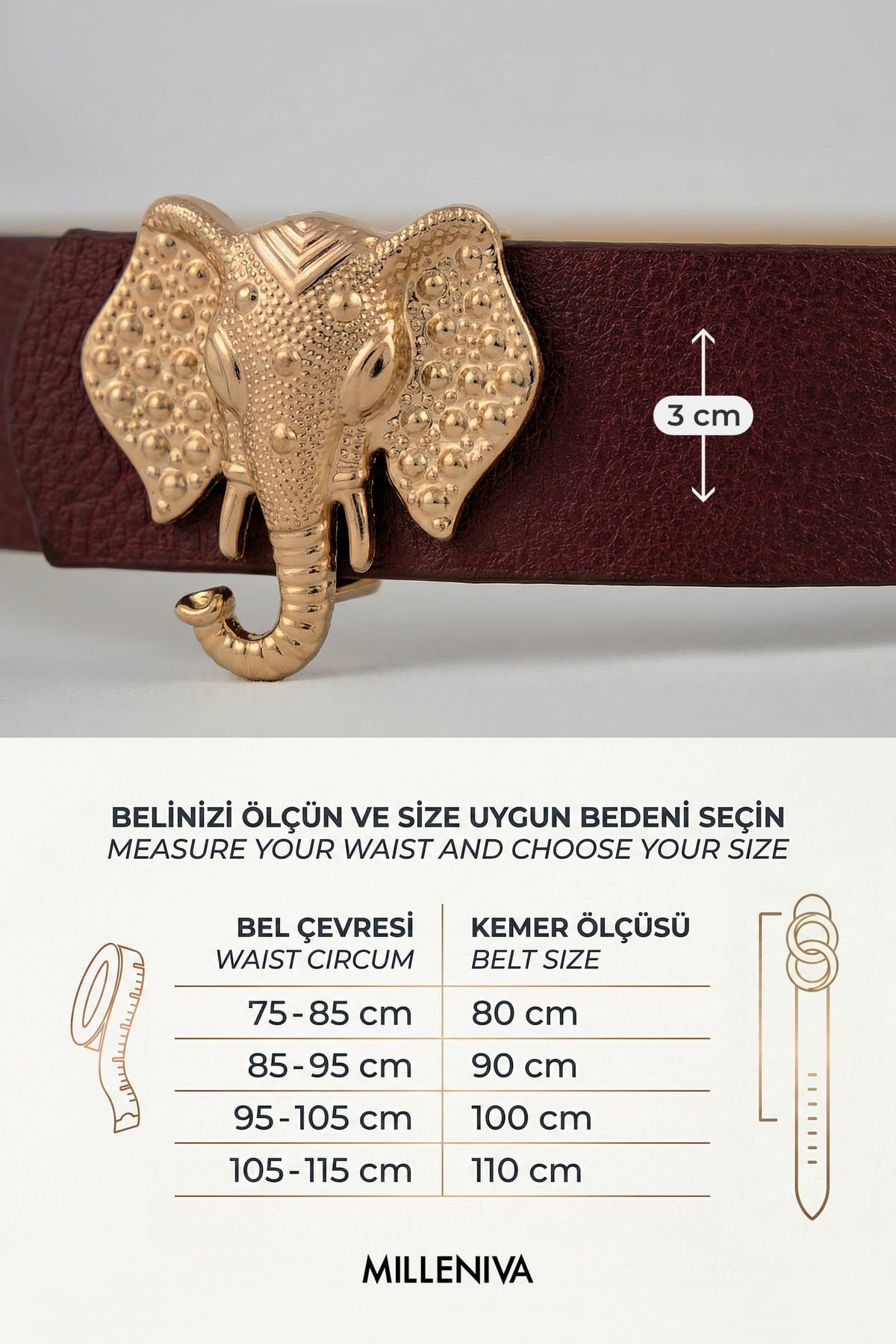 Milleniva kemer beden tablosu ve fil tokalı bordo deri kemer detayı.