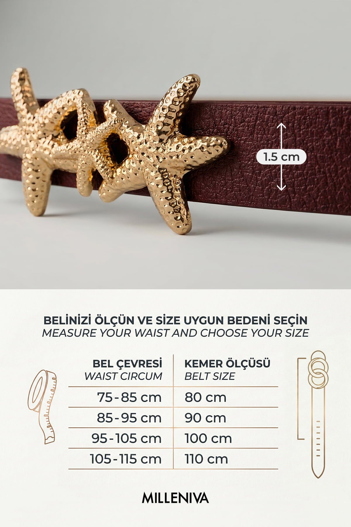 Milleniva bordo deniz yıldızı kemer ve beden tablosu.
