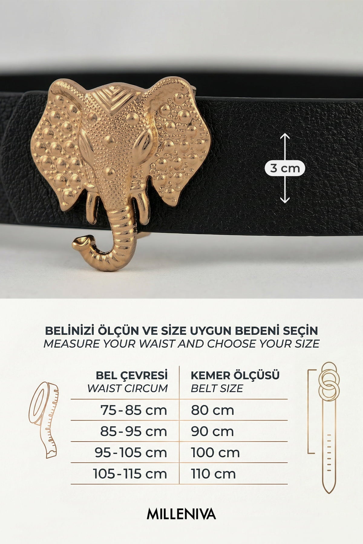 Milleniva siyah deri fil tokalı kadın kemer ve ölçü tablosu.