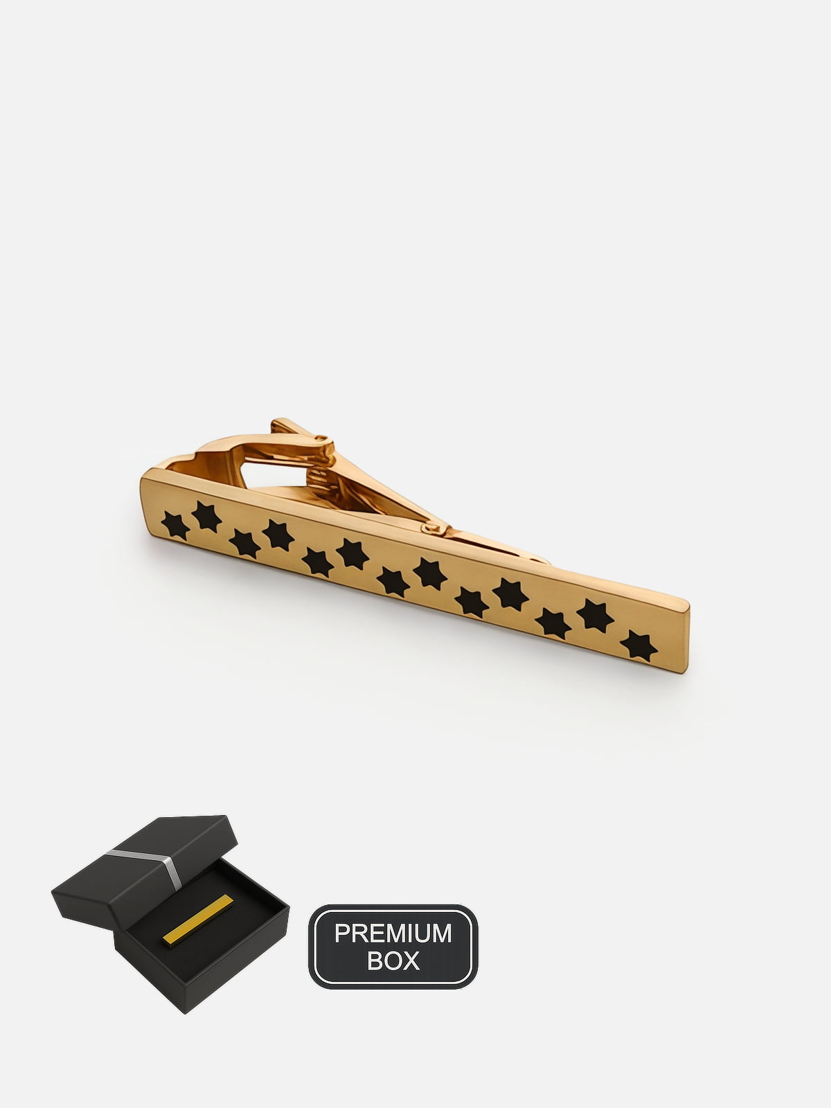 Milleniva altın yıldız desenli metal kravat iğnesi premium kutusu. Erkekler için ideal hediye, klasik ve iş giyim uyumlu.